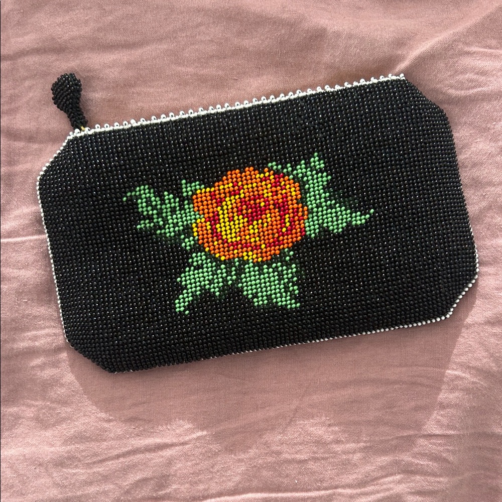 Black Beaded Clutch with Orange Rose Accent